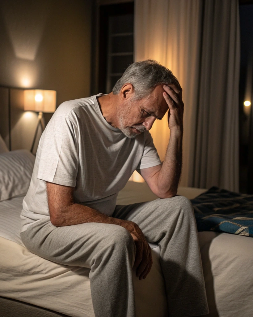 Hombre entre 55 a 65 años sentado en la cama con gesto preocupado por sus molestias en la próstata.