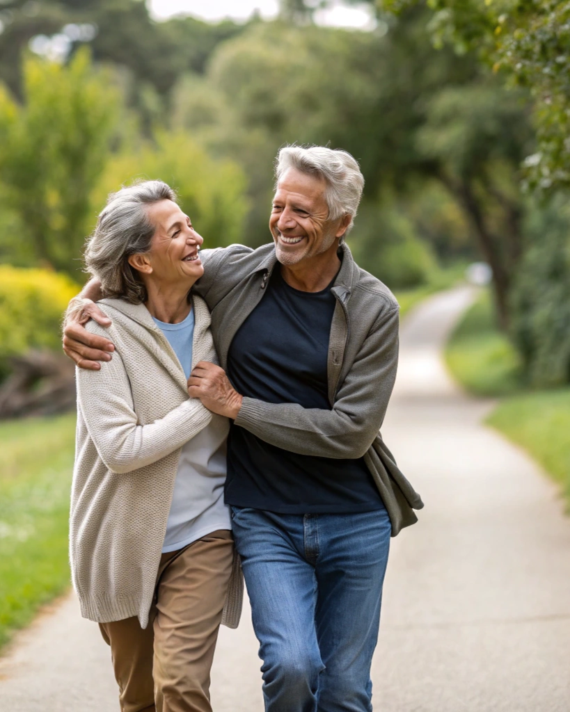 Hombre entre 60 a 65 años sonriente y activo caminando con su pareja.